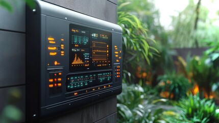 Poster - Close-up view of a solar inverter displaying holographic data in a lush garden setting