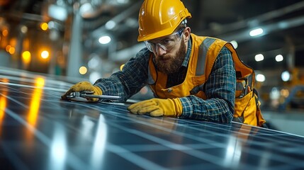 Poster - technician inspecting solar panel during quality check in industrial facility at daytime