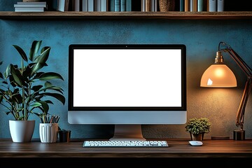 Poster - A computer monitor sits on a desk with a lamp and potted plants