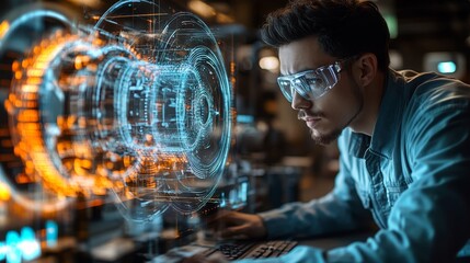 Poster - engineer studying advanced technology in a high-tech laboratory during evening hours