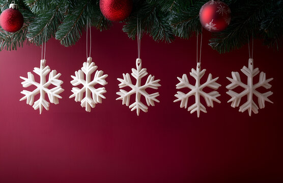  white snowflake ornaments hanging on a red wall, with Christmas decorations in a simple, minimalist style.