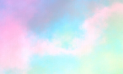 Poster - Colorful watercolor background of abstract sunset sky with puffy clouds in pastel rainbow colors of pink blue yellow orange and
