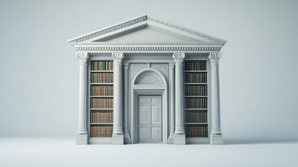 Aufkleber - A classical-style library facade with bookshelves and a central door.