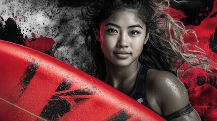 Poster - A young surfer poses confidently with a vibrant surfboard against a dynamic background.