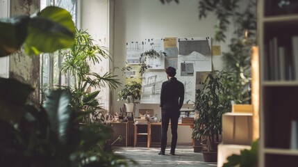 Poster - A person stands in a plant-filled workspace, observing architectural sketches on the wall.