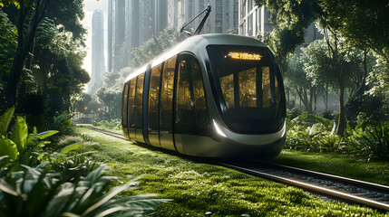 Aufkleber - A futuristic tram running on a grass-lined track through an eco-conscious urban setting filled with native plants. Cinematic Scene, 4k resolution, cinematic scene