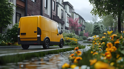 Poster - A minimalist electric van delivering packages in a residential neighborhood filled with native flowers and rain gardens. Cinematic Scene, 4k resolution, cinematic scene