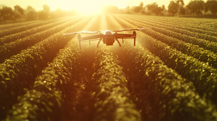 Poster - A solar-powered drone flying over a lush field of crops, showcasing sustainable agriculture and technology. Cinematic Scene, 4k resolution, cinematic scene
