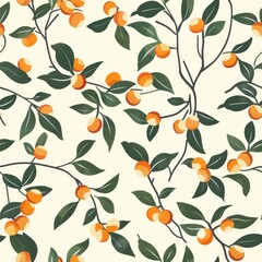 Poster - Seamless Minimal Pattern Featuring Kumquat Fruits and Green Leaves on a Light Background Ideal for Fabric and Textile Designs