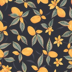 Poster - Seamless Minimal Mango Pattern Featuring Vibrant Yellow Mangoes and Leaves on Dark Background Perfect for Fabric and Textile Applications