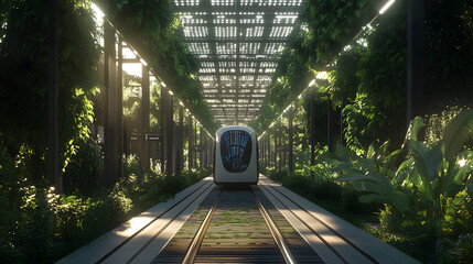 Poster - A futuristic tram station surrounded by greenery, with clean, minimalist designs and solar-powered lights. Cinematic Scene, 4k resolution, cinematic scene