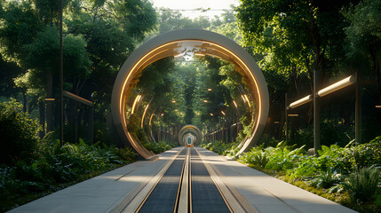 Poster - A futuristic tram station surrounded by greenery, with clean, minimalist designs and solar-powered lights. Cinematic Scene, 4k resolution, cinematic scene