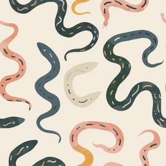 Poster - Seamless Minimal Snake Pattern for Fabric Design Featuring Stylized Snakes in Various Colors on a Neutral Background