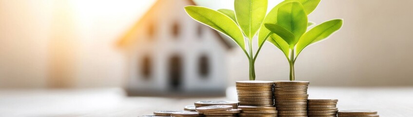 Poster - Coins stacked with green plants and a house in the background, symbolizing growth and investment.