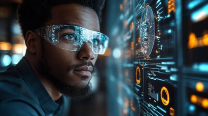 Poster - Engineer analyzing data in high-tech laboratory during advanced research session