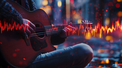 Poster - A street musician playing a guitar, with 3D-rendered details on the instrument and 2D sound waves visualized in the air. 4k resolution, Cinematic Scene