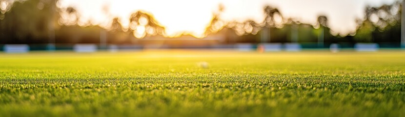 Poster - A serene view of a sports field at sunset, highlighting the lush green grass.