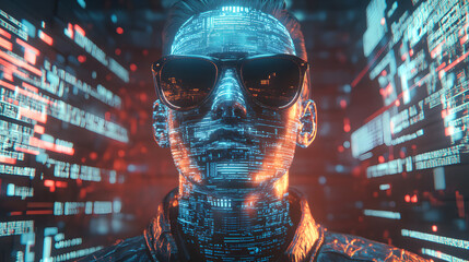 Poster - A 3D AI humanoid wearing vintage sunglasses and a leather jacket, integrated with 2D data streams around the figure. 4k resolution, Cinematic Scene