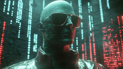 Poster - A 3D AI humanoid wearing vintage sunglasses and a leather jacket, integrated with 2D data streams around the figure. 4k resolution, Cinematic Scene