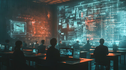 Aufkleber - A vintage computer classroom in 3D, with students interacting with 2D holographic projections of AI programming code. 4k resolution, Cinematic Scene