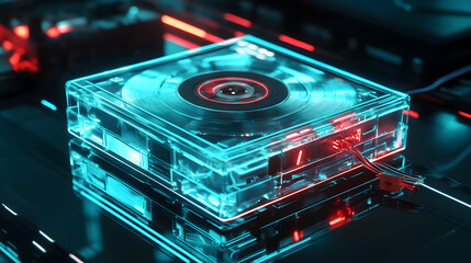 Aufkleber - A cassette player wired into an AI-powered device, rendered in 3D, with 2D neon effects of sound wave manipulation. 4k resolution, Cinematic Scene