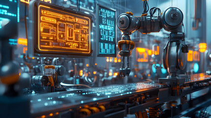 Poster - A retro robot factory in 3D, where machines are assembled with glowing 2D overlays of AI schematics. 4k resolution, Cinematic Scene