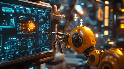 Poster - A retro robot factory in 3D, where machines are assembled with glowing 2D overlays of AI schematics. 4k resolution, Cinematic Scene