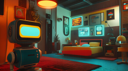 Poster - A 70s-style home with a robotic AI assistant in 3D, surrounded by 2D vintage graphics and interactive holograms. 4k resolution, Cinematic Scene