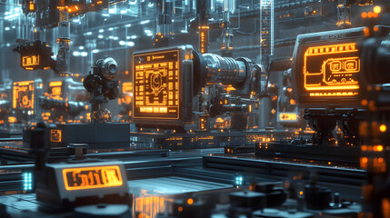 Poster - A retro robot factory in 3D, where machines are assembled with glowing 2D overlays of AI schematics. 4k resolution, Cinematic Scene