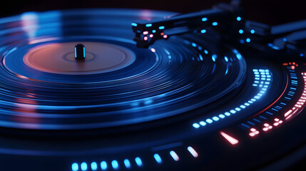 Poster - A 3D-rendered digital assistant shaped like a vinyl record player, with 2D animated lights showing AI functionality. 4k resolution, Cinematic Scene