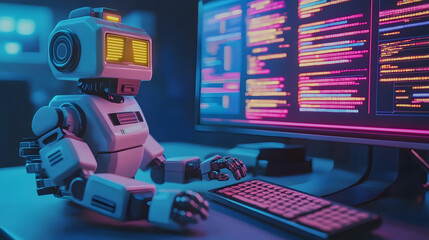 Poster - A 3D robot operating a 90s-themed desktop computer, with layered 2D effects representing real-time data processing. 4k resolution, Cinematic Scene