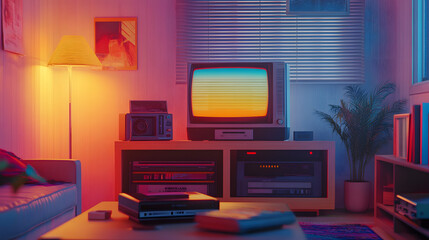 Poster - A nostalgic living room scene with a VHS player connected to an AI-enhanced system, rendered in 3D and overlaid with 2D visuals. 4k resolution, Cinematic Scene