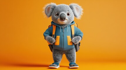 Aufkleber - A cute cartoon koala wearing a hoodie and backpack, set against an orange background.