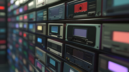 Aufkleber - A cassette collection displayed on a 3D-rendered shelf, with 2D holographic tags showcasing AI-powered organization features. 4k resolution, Cinematic Scene
