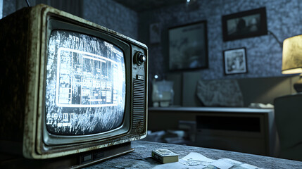 Poster - A 3D-rendered television showing vintage AI commercials, with 2D effects visualizing concepts of early digital intelligence. 4k resolution, Cinematic Scene