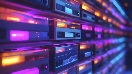 Aufkleber - A cassette collection displayed on a 3D-rendered shelf, with 2D holographic tags showcasing AI-powered organization features. 4k resolution, Cinematic Scene