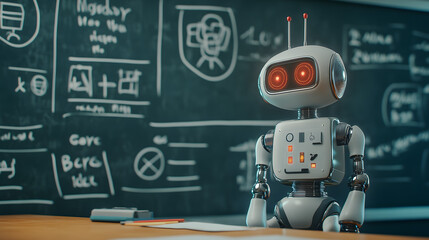 Fototapete - A nostalgic classroom with a 3D teacher robot, layered with 2D holograms of AI concepts on floating chalkboards. 4k resolution, Cinematic Scene