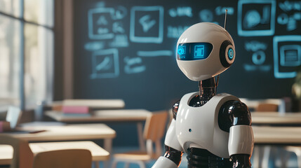 Fototapete - A nostalgic classroom with a 3D teacher robot, layered with 2D holograms of AI concepts on floating chalkboards. 4k resolution, Cinematic Scene
