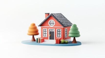 Poster - A colorful, stylized house model with trees and books, representing home and education.