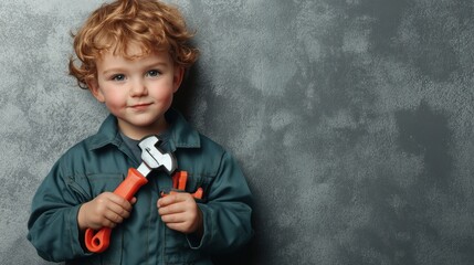 Poster - A young child in a mechanic's outfit holds a wrench, smiling confidently.