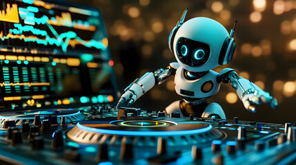 Poster - A 3D robot DJ spinning vinyl records at a retro-themed event, surrounded by 2D visualizations of sound waves. 4k resolution, Cinematic Scene