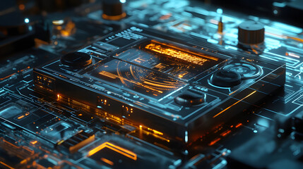 Poster - A Walkman connected to a 3D-rendered AI interface, overlaid with 2D holograms showing digital sound processing. 4k resolution, Cinematic Scene