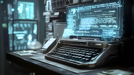 Poster - A nostalgic computer lab with a 3D AI-powered typewriter, integrated with 2D holographic displays of text and designs. 4k resolution, Cinematic Scene