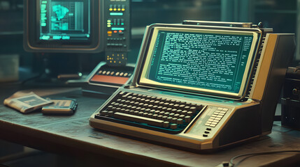 Poster - A nostalgic computer lab with a 3D AI-powered typewriter, integrated with 2D holographic displays of text and designs. 4k resolution, Cinematic Scene