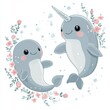 © Loolo - Cute cartoon-style baby gray seal and narwhal vector illustration, pastel colors, simple shapes