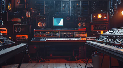 Poster - A nostalgic music studio with analog equipment and AI-powered synthesizers, rendered in 3D with 2D visual effects. 4k resolution, Cinematic Scene
