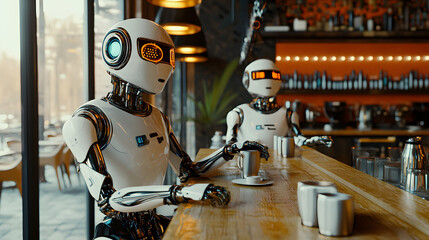 Poster - A retro cafe scene with AI robots as waiters, rendered in 3D with 2D layers visualizing their interactions with customers. 4k resolution, Cinematic Scene