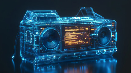 Aufkleber - A futuristic digital assistant integrated into a 90s boombox, rendered in 3D with 2D glowing sound data. 4k resolution, Cinematic Scene