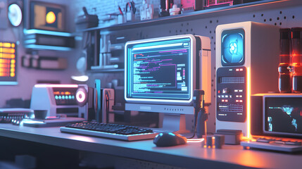 Poster - A nostalgic computer repair shop with vintage tech, AI-powered tools rendered in 3D, and glowing 2D graphics. 4k resolution, Cinematic Scene