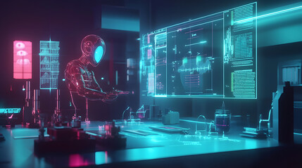 Poster - A 70s-inspired AI tech lab with glowing 3D-rendered tools and 2D holographic projections of research data. 4k resolution, Cinematic Scene